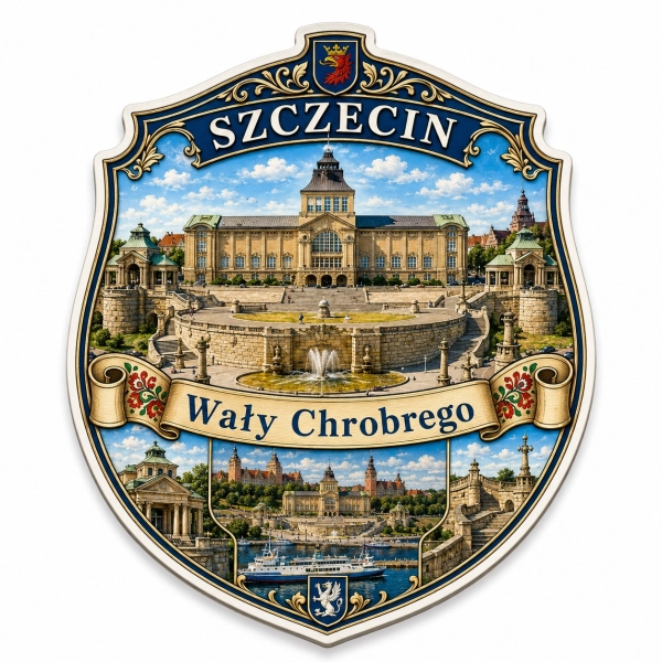 Pamiątkowy magnes przedstawiający Wały Chrobrego w Szczecinie