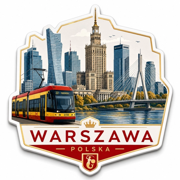 Magnes pamiątkowy z widokiem na Warszawę, Pałac Kultury i Nauki, most Świętokrzyski oraz tramwaj linii 22