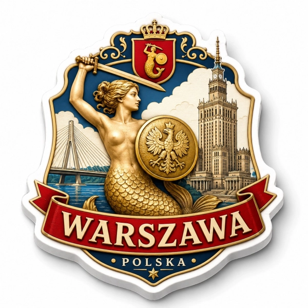 Magnes pamiątkowy z Syrenką Warszawską, Pałacem Kultury i Nauki oraz mostem Świętokrzyskim