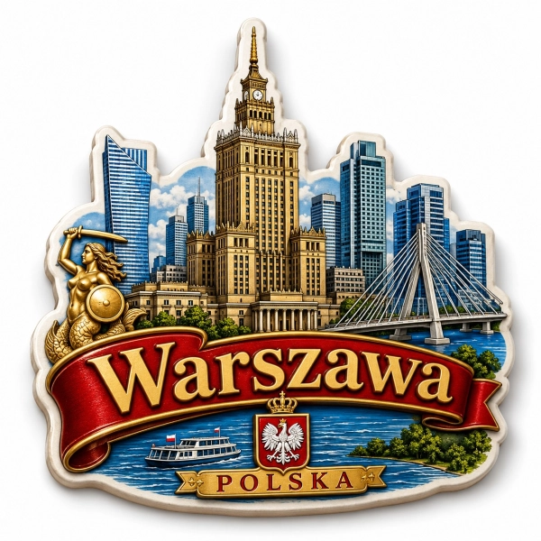 Pamiątkowy magnes Warszawa z panoramą miasta, Pałacem Kultury i Nauki oraz mostem Świętokrzyskim