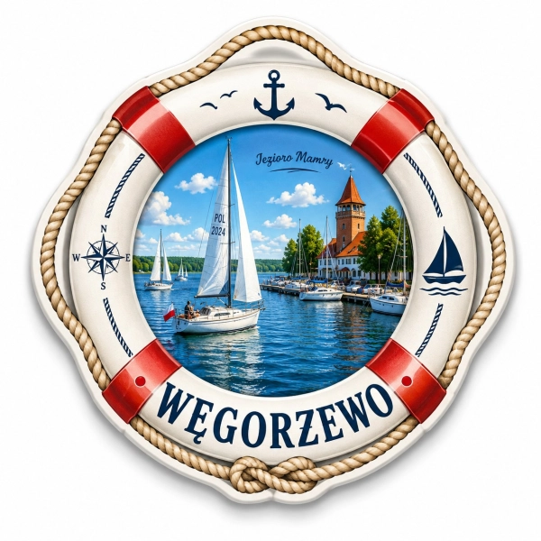 Magnes Węgorzewo przedstawiający jezioro Mamry, żaglówki i charakterystyczny krajobraz miasta