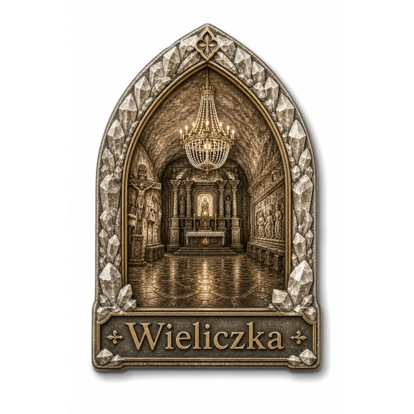 Pamiątkowy magnes Wieliczka przedstawiający wnętrze katedry z figurami świętych i krucyfiksem