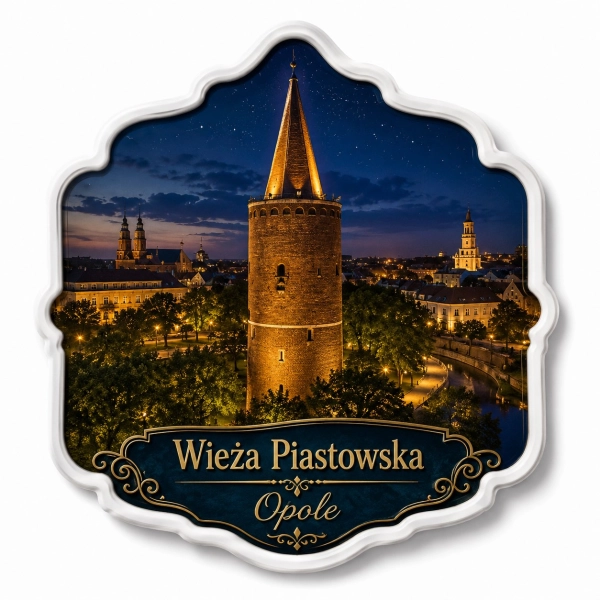 Magnes pamiątkowy z nocnym widokiem na Wieżę Piastowską w Opolu
