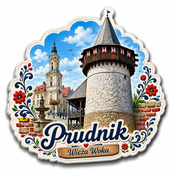Pamiątkowy magnes z widokiem na Wieżę Woka w Prudniku