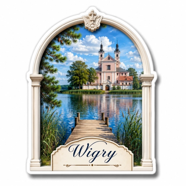 Magnes pamiątkowy Wigry z motywem kościoła nad jeziorem