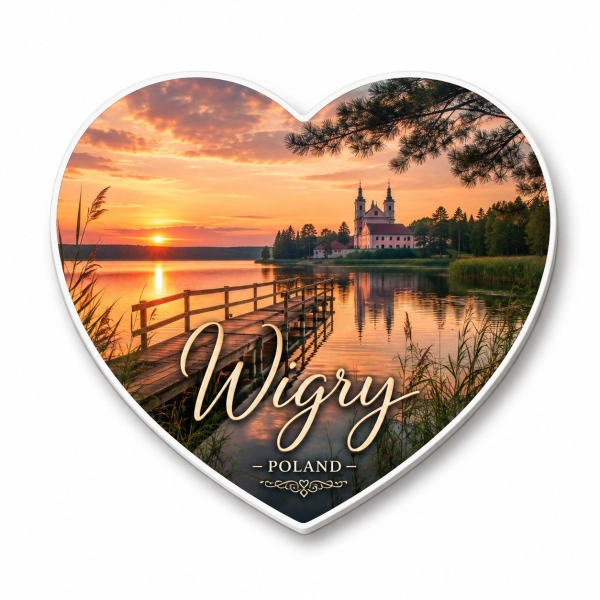 Pamiątkowy magnes Wigry przedstawiający jezioro, drewniany mostek i kościół podczas zachodu słońca