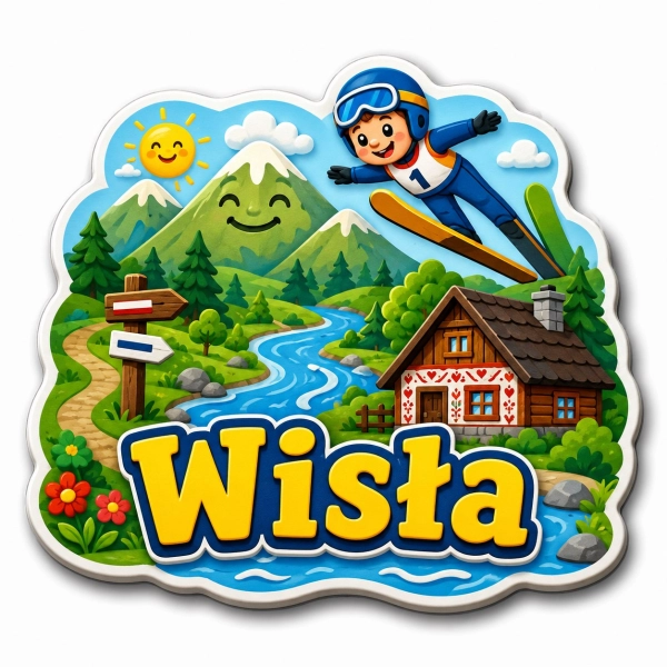 Magnes pamiątkowy Wisła z rzeką, domkiem regionalnym, skocznią narciarską i górskim krajobrazem