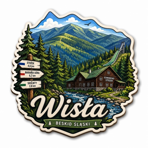 Magnes Wisła przedstawiający górski krajobraz z domem w lesie, rzeką i skocznią narciarską