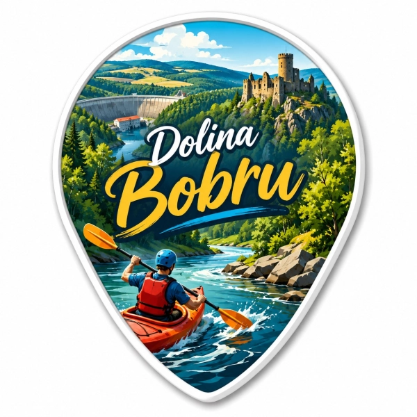 Magnes pamiątkowy Dolina Bobru z kajakarzem na rzece i zamkiem w tle
