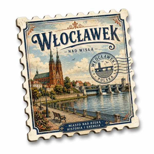 Pamiątkowy magnes Włocławek nad Wisłą z widokiem kościoła i mostu