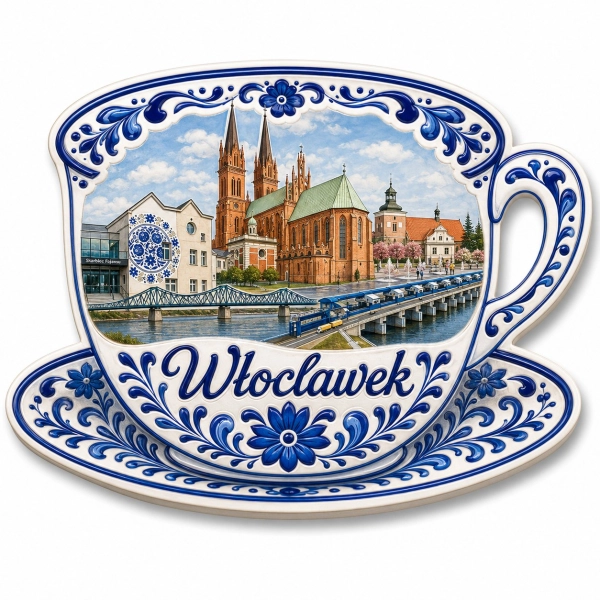 Magnes pamiątkowy Włocławek z widokiem na katedrę, most i rzekę