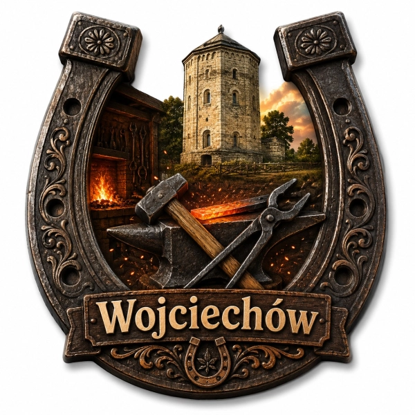 Magnes pamiątkowy Wojciechów z motywem zamku i warsztatu kowalskiego
