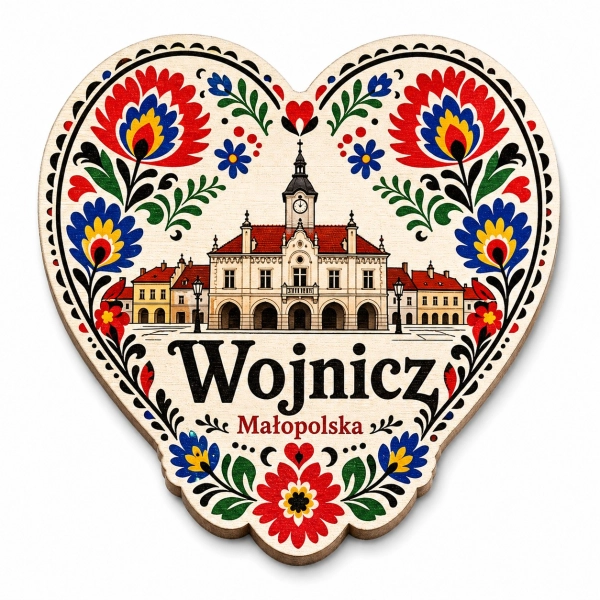 Magnes pamiątkowy z Wojnicza z motywem budynku historycznego i kwiatów w stylu folkowym