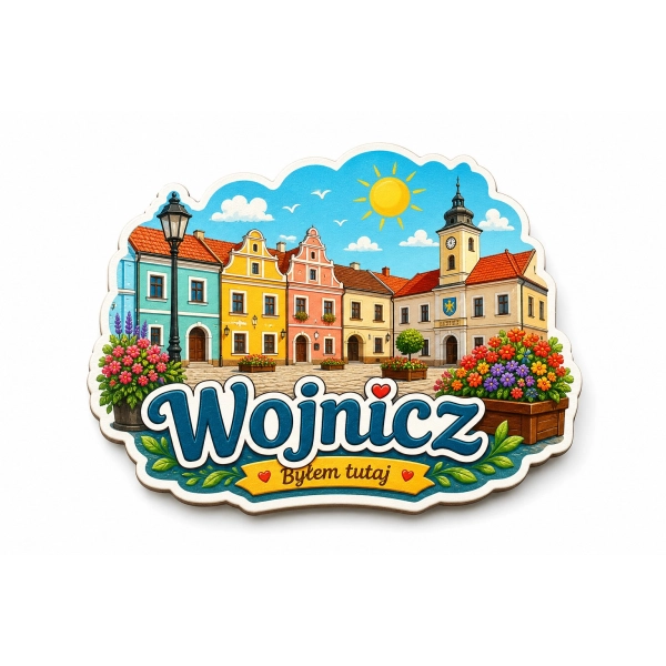 Pamiątkowy magnes z Wojnicza przedstawiający kolorowe kamienice i kwiaty