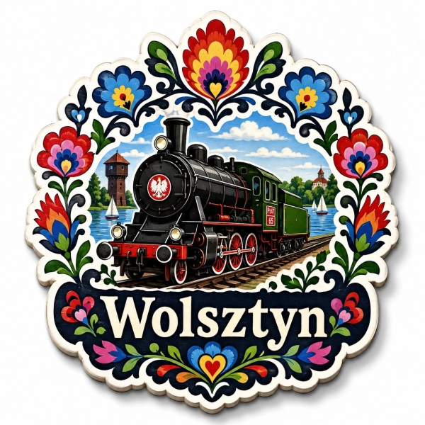 Pamiątkowy magnes Wolsztyn z lokomotywą parową i motywem kwiatowym