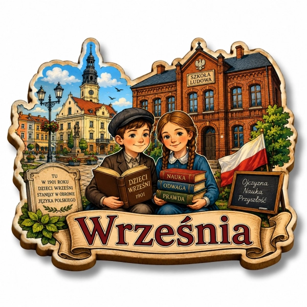 Magnes pamiątkowy Września z motywem szkoły ludowej, flagi Polski i napisem Września