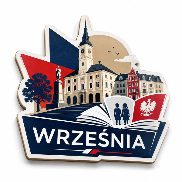 Magnes pamiątkowy Września z motywem ratusza i pomnika