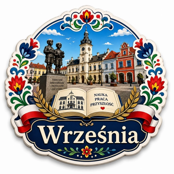 Pamiątkowy magnes Września z motywem ratusza, ulicy i książki z napisem „Nauka, Praca, Przyszłość”