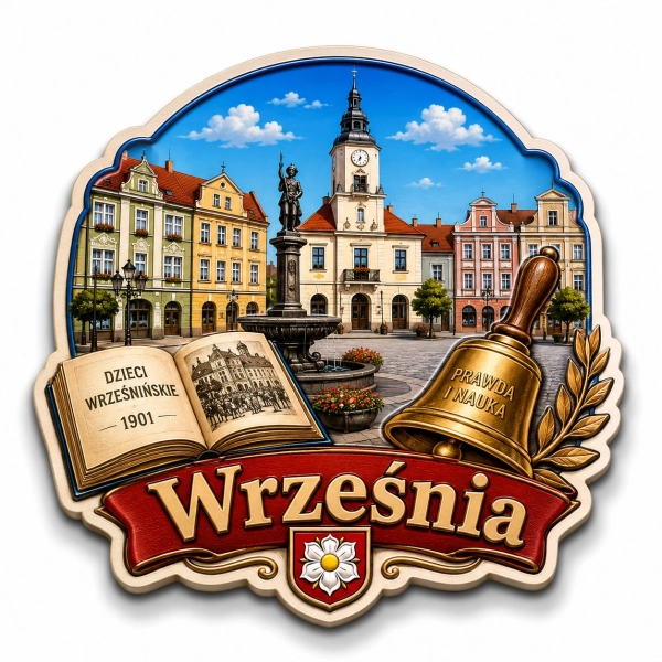 Magnes pamiątkowy Września z widokiem ratusza, fontanny i kolorowych budynków