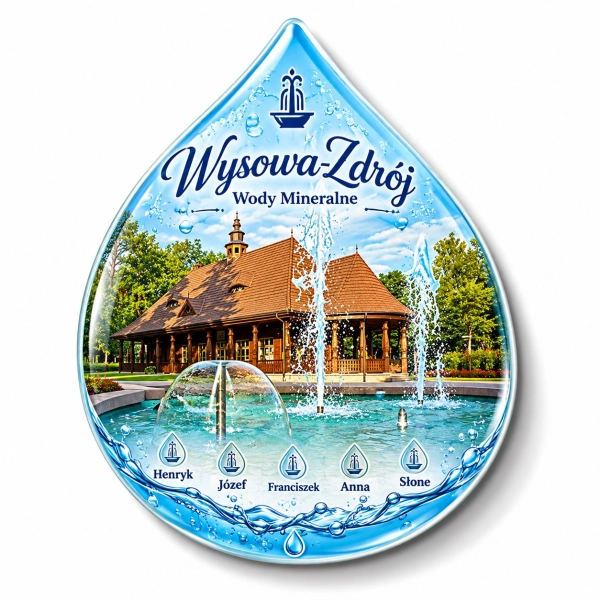Pamiątkowy magnes Wysowa-Zdrój z motywem wodospadu i pawilonu