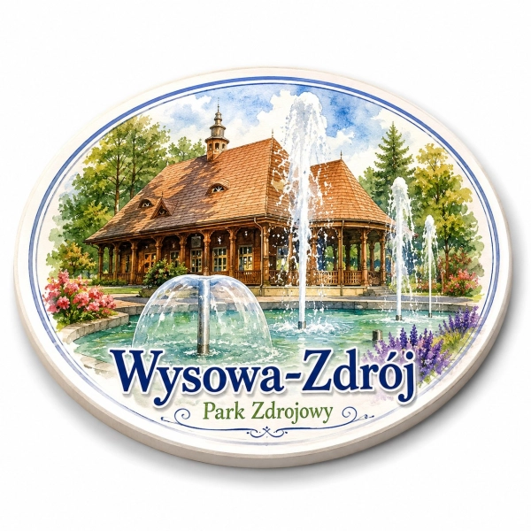 Pamiątkowy magnes Wysowa-Zdrój z widokiem na Park Zdrojowy, pawilon i fontannę