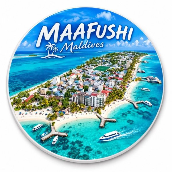 Magnes pamiątkowy Maafushi z nadrukiem przedstawiającym widok wyspy z lotu ptaka