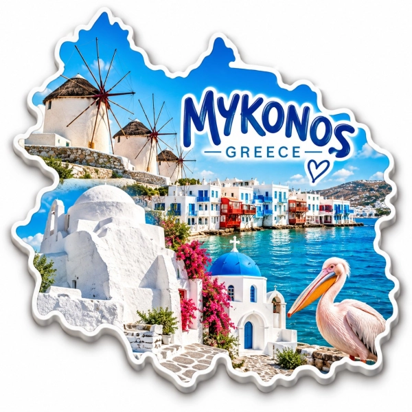 Magnes pamiątkowy z widokiem na wyspę Mykonos, białe domy, niebieskie dachy, wiatraki i morze