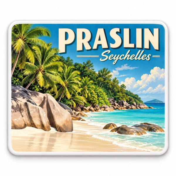Magnes pamiątkowy Praslin z plażą i palmami kokosowymi