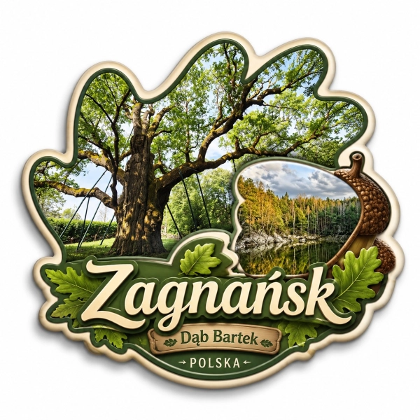 Magnes pamiątkowy z motywem dębu Bartka w Zagnańsku