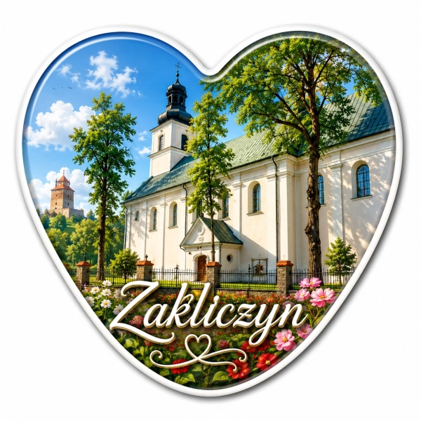 Magnes pamiątkowy Zakliczyn z motywem kościoła, drzew i zamku