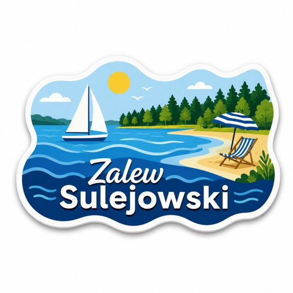 Pamiątkowy magnes Zalew Sulejowski z motywem jachtu i plaży