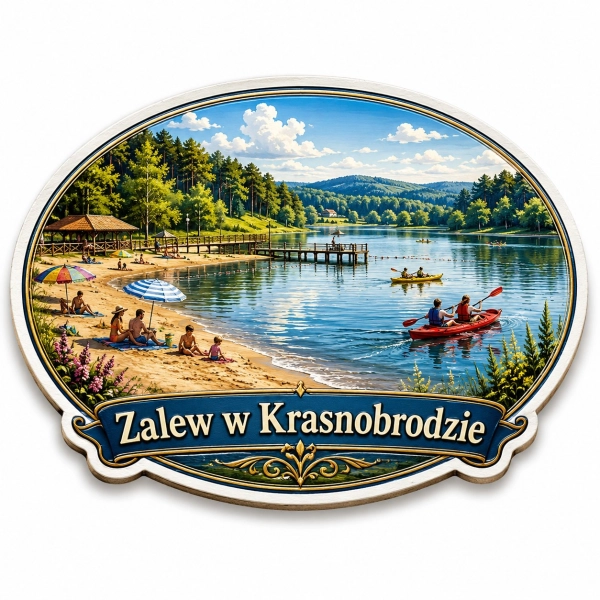 Magnes pamiątkowy Zalew w Krasnobrodzie z plażą, parasolami i kajakami na wodzie