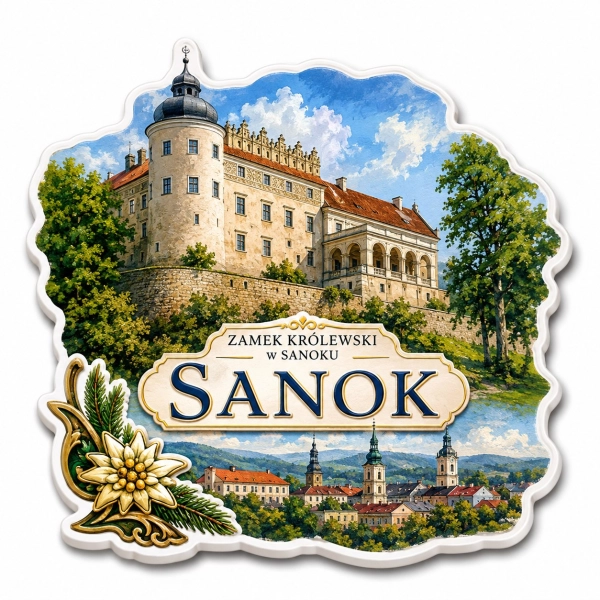Magnes pamiątkowy z motywem Zamku Królewskiego w Sanoku