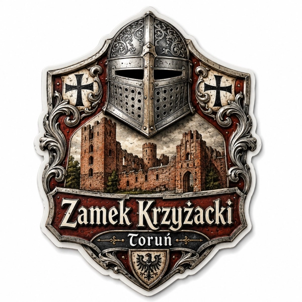 Magnes pamiątkowy Zamek Krzyżacki w Toruniu z motywem hełmu rycerskiego i krzyża maltańskiego