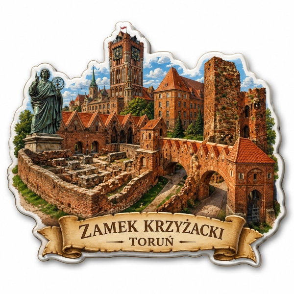 Magnes pamiątkowy przedstawiający Zamek Krzyżacki w Toruniu