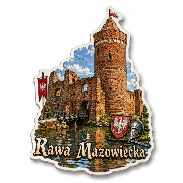 Pamiątkowy magnes z motywem ruin Zamku Książąt Mazowieckich w Rawie Mazowieckiej