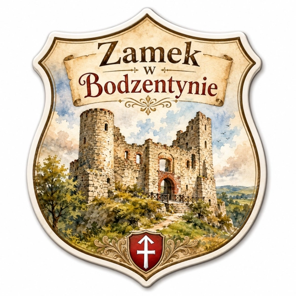 Magnes pamiątkowy przedstawiający Zamek w Bodzentynie w ujęciu krajobrazowym