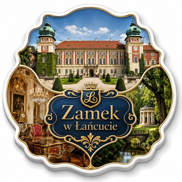 Magnes pamiątkowy Zamek w Łańcucie z widokiem pałacu i ogrodów