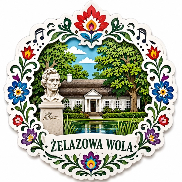 Magnes pamiątkowy Żelazowa Wola z motywem domu urodzenia Fryderyka Chopina, drzew, jeziora i popiersia kompozytora