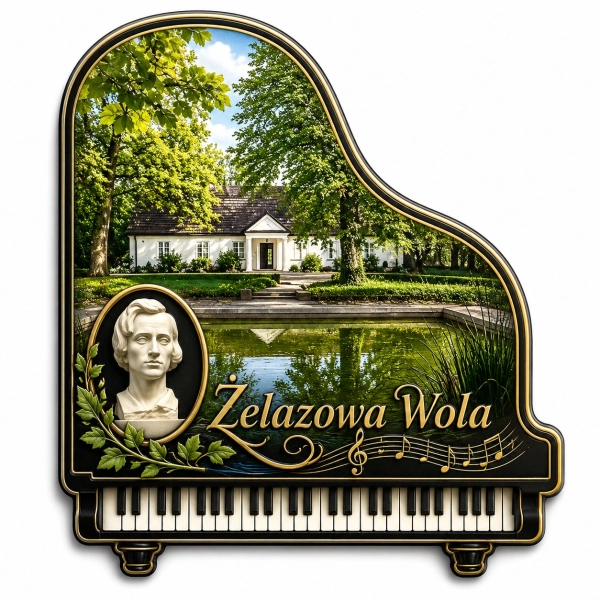 Fortepianowy magnes pamiątkowy z widokiem na Pałac w Żelazowej Woli