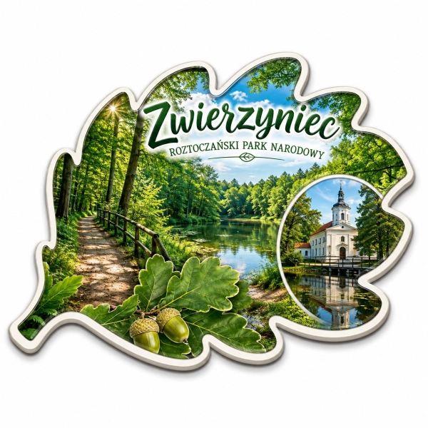 Pamiątkowy magnes Zwierzyniec z motywem lasu, jeziora i kościoła nad rzeką w Roztoczańskim Parku Narodowym