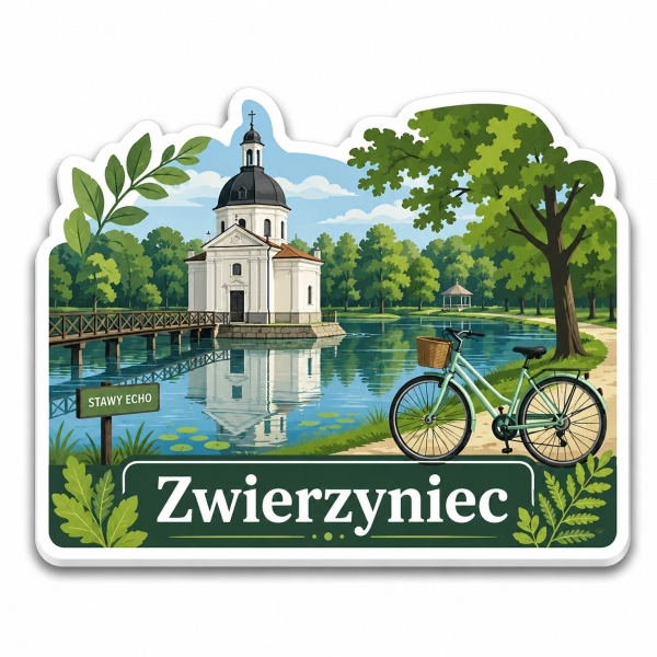 Pamiątkowy magnes ze Zwierzyńca przedstawiający kościół nad jeziorem