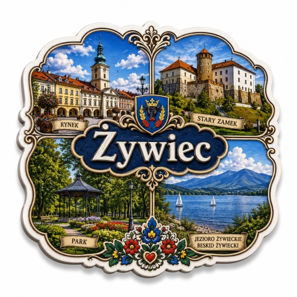 Magnes pamiątkowy Żywiec z widokiem na Rynek, Stary Zamek, park i Jezioro Żywieckie