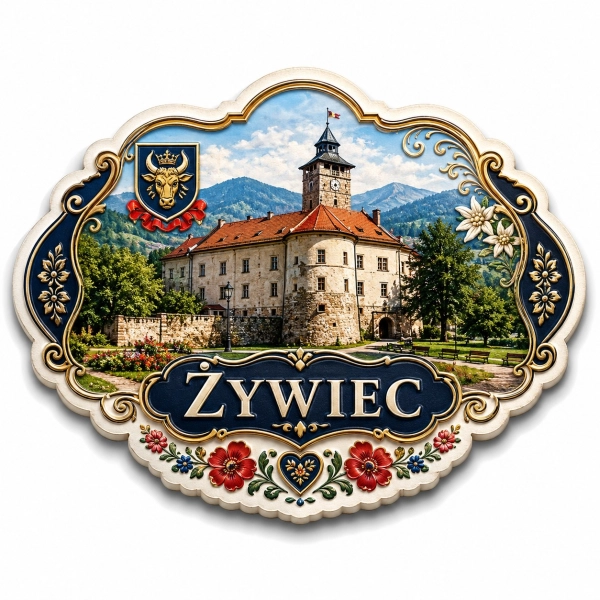 Magnes pamiątkowy z motywem zamku w Żywcu