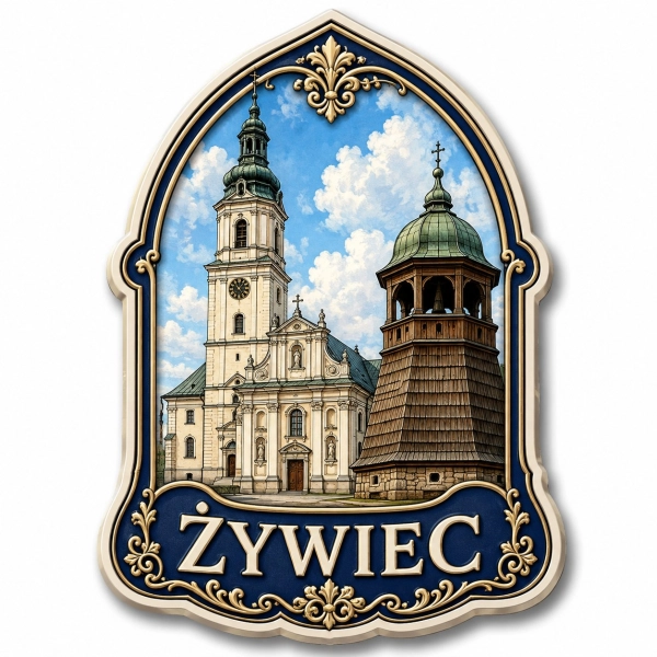 Magnes turystyczny z kościołem i drewnianą wieżą w Żywcu