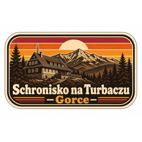 Magnes pamiątkowy przedstawiający schronisko na Turbaczu w Gorcach o zachodzie słońca