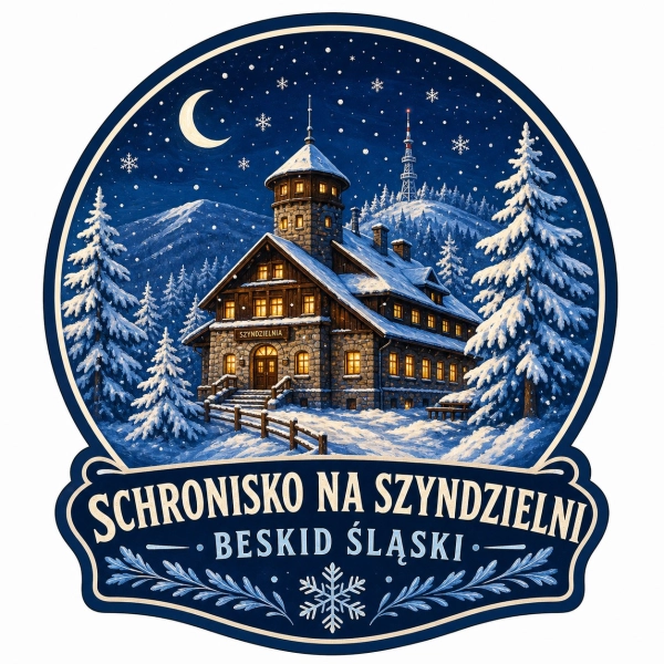 Magnes pamiątkowy przedstawiający nocny widok schroniska na Szyndzielni w Beskidzie Śląskim