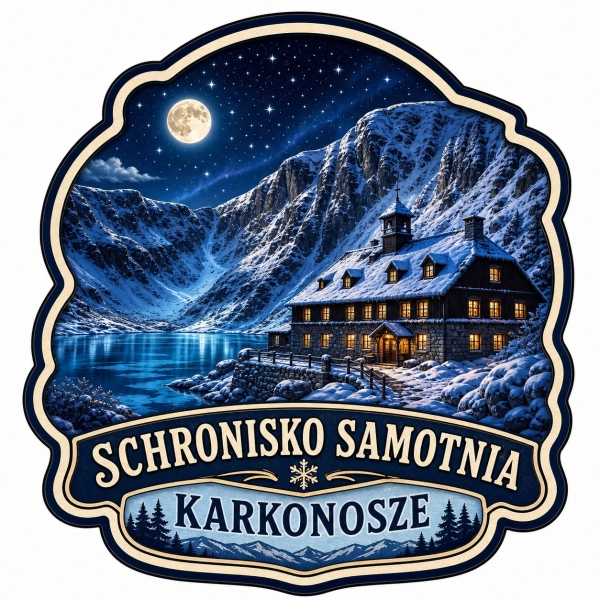 Magnes pamiątkowy z nocnym widokiem schroniska Samotnia w Karkonoszach