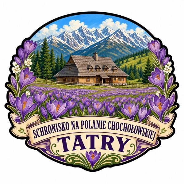 Magnes pamiątkowy przedstawiający schronisko na Polanie Chochołowskiej w Tatrach, otoczone lasem i krokusami