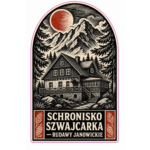 Magnes pamiątkowy przedstawiający Schronisko Szwajcarka w Rudawach Janowickich